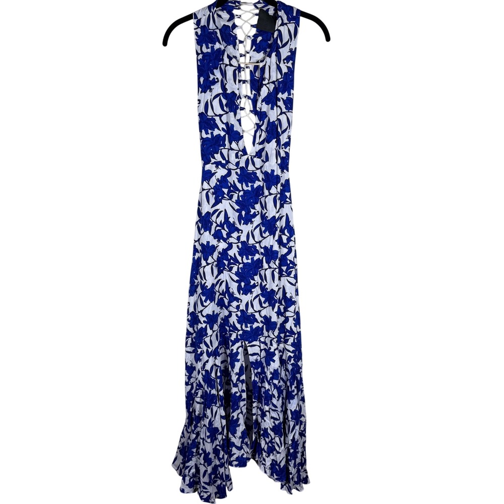 Nightwalker Blue White Floral Lace Up Back Deep V-Neck Maxi Dress Size L
